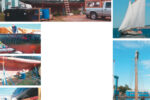 The Sara B, a 38-foot schooner built in Nova Scotia 50 years earlier, gathered more than her share of attention, located as she was next to the marina dumpster, facing page top photo. Long after the yard’s fiberglass boats had been launched, Susan and Chris continued to toil prominently and publicly, other facing page images, administering to the many needs of their new wooden acquisition. By mid-summer she was launched, this page top photo. Susan goes aloft on a rigging mission, at right, while Chris mans the safety line.