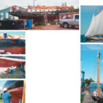 The Sara B, a 38-foot schooner built in Nova Scotia 50 years earlier, gathered more than her share of attention, located as she was next to the marina dumpster, facing page top photo. Long after the yard’s fiberglass boats had been launched, Susan and Chris continued to toil prominently and publicly, other facing page images, administering to the many needs of their new wooden acquisition. By mid-summer she was launched, this page top photo. Susan goes aloft on a rigging mission, at right, while Chris mans the safety line.