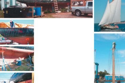 The Sara B, a 38-foot schooner built in Nova Scotia 50 years earlier, gathered more than her share of attention, located as she was next to the marina dumpster, facing page top photo. Long after the yard’s fiberglass boats had been launched, Susan and Chris continued to toil prominently and publicly, other facing page images, administering to the many needs of their new wooden acquisition. By mid-summer she was launched, this page top photo. Susan goes aloft on a rigging mission, at right, while Chris mans the safety line.