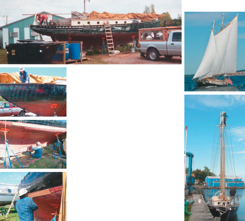 The Sara B, a 38-foot schooner built in Nova Scotia 50 years earlier, gathered more than her share of attention, located as she was next to the marina dumpster, facing page top photo. Long after the yard’s fiberglass boats had been launched, Susan and Chris continued to toil prominently and publicly, other facing page images, administering to the many needs of their new wooden acquisition. By mid-summer she was launched, this page top photo. Susan goes aloft on a rigging mission, at right, while Chris mans the safety line.