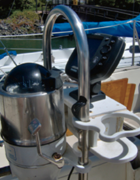 An existing cup holder offered a good base for mounting the new fishfinder at the helm. The fishfinder can be swiveled so the depth can be viewed by a singlehander while raising sails.