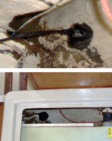 A close-up view of the transducer installation, top. The transducer is located near the bilge inside the starboard settee, bottom. No holes were drilled in the boat for this installation. The transducer is able to transmit and receive signals through the fiberglass hull.