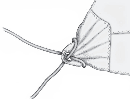 The becket bend (shown here), sheet bend, and swab hitch can all be used to attach a continuous foresheet to a jib clew. Unfortunately, these knots exert an unwelcome twisting and crushing force on the clew.