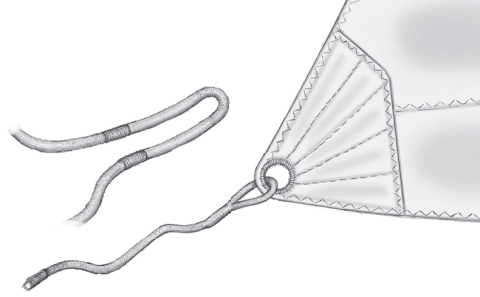 The center of a continuous sheet can be located by a pair of whippings about 18 inches apart. Pressing them together forms a bight which can be used with a double sheet bend made from a permanently bent-on tail, one for each headsail.