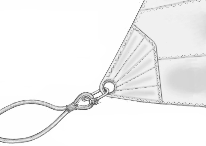 A stout shackle (note the wire mousing to prevent accidental opening) linking the clew of the jib to an eye in the jibsheet is the standard method of attachment. But stand back when the sail flogs!