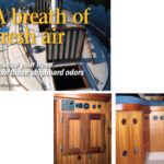 Both hatches and the companionway are open at anchor. Holes top and bottom provide through-ventilation of the electrical cabinet, at left below. Ventilation holes under forward berths help keep mattresses dry, at right below.