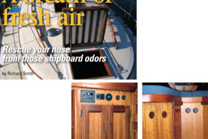 Both hatches and the companionway are open at anchor. Holes top and bottom provide through-ventilation of the electrical cabinet, at left below. Ventilation holes under forward berths help keep mattresses dry, at right below.