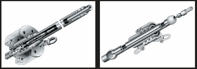 Cutaway views of the typical roller furling unit: drum, at left, and upper swivel, at right.
