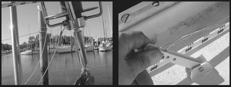 If you don’t have a drum which can be mechanically locked like Reef Rite’s drum with its locking pin, at left, you may be able to drill yours so that it can be locked. Reef Rite’s lever and cable, at right, control the drum lock.