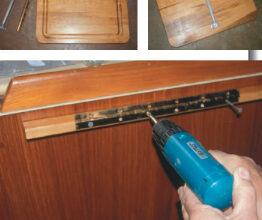 The advantage of a swing-up counter is that it will disappear when not needed. Gregg increased the counter space in his Pearson 28-2 by 50 percent with the addition of this 14- by 23-inch swing-up counter. Notice, at left, that the spacer allows room between the cutting board and the galley cabinet for the brace when folded.