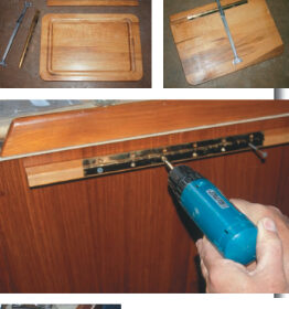 The advantage of a swing-up counter is that it will disappear when not needed. Gregg increased the counter space in his Pearson 28-2 by 50 percent with the addition of this 14- by 23-inch swing-up counter. Notice, at left, that the spacer allows room between the cutting board and the galley cabinet for the brace when folded.