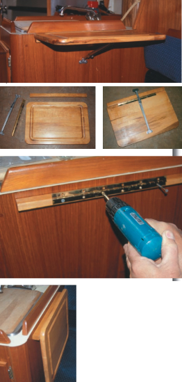 The advantage of a swing-up counter is that it will disappear when not needed. Gregg increased the counter space in his Pearson 28-2 by 50 percent with the addition of this 14- by 23-inch swing-up counter. Notice, at left, that the spacer allows room between the cutting board and the galley cabinet for the brace when folded.