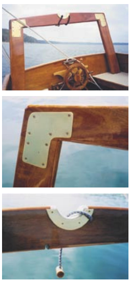 The Old Cat’s gallows and wheel, below at top. Brass plate at the mortise-and-tenon joint, center. The gallows’ saddle with leather and brass covering the tacks, at bottom. Note the bungee cord with the toggle to tether the sail. It notches in the bottom of the gallows. A later version has a longer bungee cord with two toggles for “easy” and “tight” securing.