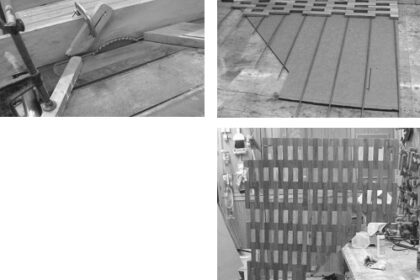 Jim made finger boards, above left, to keep the planed material in position while cutting the 3⁄4-inch strips, and a template of the shape of the sole in the head, above right. By hanging the finished piece, he was able to spray both sides at once with polyurethane.