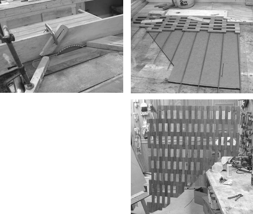 Jim made finger boards, above left, to keep the planed material in position while cutting the 3⁄4-inch strips, and a template of the shape of the sole in the head, above right. By hanging the finished piece, he was able to spray both sides at once with polyurethane.