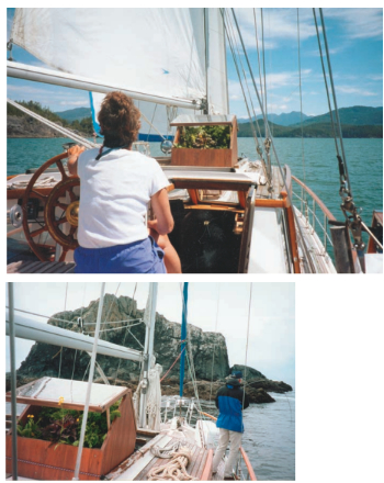 Kathy at the helm on the west coast of Vancouver Island, above. Ken snags a 25-pound ling cod to enjoy with fresh herbs from the garden, at left.