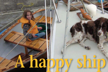 Richard’s granddaughter, Piper, at her happiest, swabbing down the dinghy fore and aft while good old Scout looks for birds.