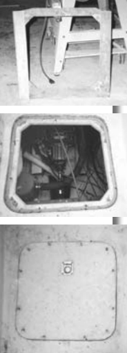 The completed frame made from marine 3⁄4-inch plywood and coated with epoxy, top, and the opening with the new sill attached, center. The new hatch with the cover installed, bottom.