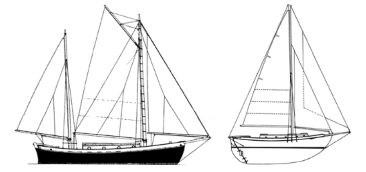 John Hanna’s Tahiti ketch, at left below, the first “cult” cruising boat to inspire a generation of wannabe bluewater sailors, became popular during the 1930s. The design, which featured a jaunty double-ended hull form, was derived from Colin Archer ketches conceived nearly a half-century earlier as durable all-purpose workboats. The double-ended hull of the famous Westsail 32, below right, is identical to that designed by William Atkin for his Eric in 1925. Like the Tahiti ketch, Eric’s lines were based on those of Colin Archer workboats.