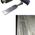 A scraper or box knife would have a tough time cutting through this hardened and gritty toerail adhesive, below, but removing it with a heated chisel was a breeze.
