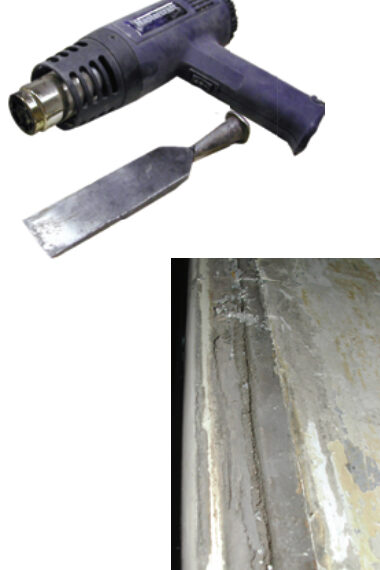 A scraper or box knife would have a tough time cutting through this hardened and gritty toerail adhesive, below, but removing it with a heated chisel was a breeze.