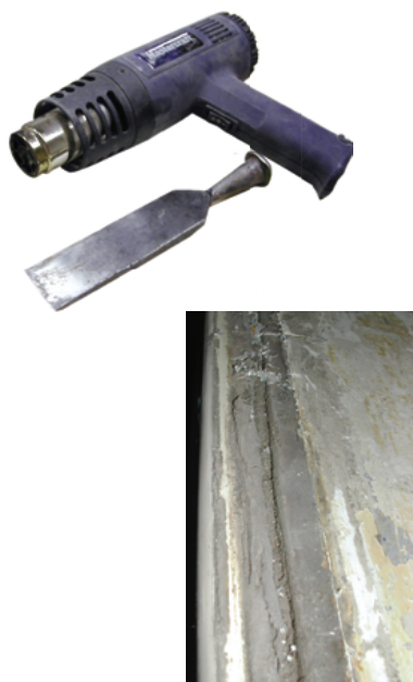 A scraper or box knife would have a tough time cutting through this hardened and gritty toerail adhesive, below, but removing it with a heated chisel was a breeze.