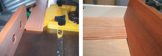 The cutter is the nearly invisible green shape in the left photo. It is mostly hidden by a corrugated vacuum dust hose. The yellow fingerboard helps assure the woodworker that he’ll have all his fingers left for knot-tying and other sailorly functions when the job is completed. The three woods Dale used can be seen in the photo at right: the moabi end cap, the quarter-sawn American white ash strips, and the ash door skin to which these strips were attached.