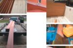The new hull liners (“ceiling” to the saltiest of our readers) and a partially disassembled panel of the previous liner are shown in the top and inset photos on the facing page. To make the darker end caps, such as the one shown at the far left of the first photo, Dale used moabi or African pearwood. This was purchased in large planks, shown on his trailer and being re-sawn in his band saw to 5⁄16-inch boards, in bottom photo on facing page. Making the end caps (which covered the molded-in fiberglass ridge at each side edge by the bulkheads) required precise fitting at the top of each end cap, top photo on this page. Dale edge-joined the fronts and sides of these end caps on a jointer making a 45-degree miter joint, center photo. The same operation could have been done with a 45-degree router, as shown in the bottom photo.
