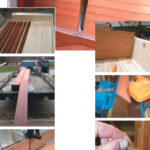 The new hull liners (“ceiling” to the saltiest of our readers) and a partially disassembled panel of the previous liner are shown in the top and inset photos on the facing page. To make the darker end caps, such as the one shown at the far left of the first photo, Dale used moabi or African pearwood. This was purchased in large planks, shown on his trailer and being re-sawn in his band saw to 5⁄16-inch boards, in bottom photo on facing page. Making the end caps (which covered the molded-in fiberglass ridge at each side edge by the bulkheads) required precise fitting at the top of each end cap, top photo on this page. Dale edge-joined the fronts and sides of these end caps on a jointer making a 45-degree miter joint, center photo. The same operation could have been done with a 45-degree router, as shown in the bottom photo.