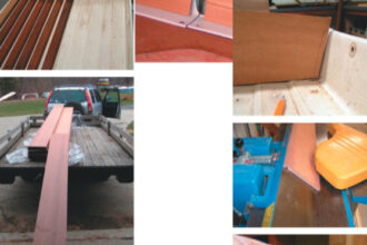 The new hull liners (“ceiling” to the saltiest of our readers) and a partially disassembled panel of the previous liner are shown in the top and inset photos on the facing page. To make the darker end caps, such as the one shown at the far left of the first photo, Dale used moabi or African pearwood. This was purchased in large planks, shown on his trailer and being re-sawn in his band saw to 5⁄16-inch boards, in bottom photo on facing page. Making the end caps (which covered the molded-in fiberglass ridge at each side edge by the bulkheads) required precise fitting at the top of each end cap, top photo on this page. Dale edge-joined the fronts and sides of these end caps on a jointer making a 45-degree miter joint, center photo. The same operation could have been done with a 45-degree router, as shown in the bottom photo.