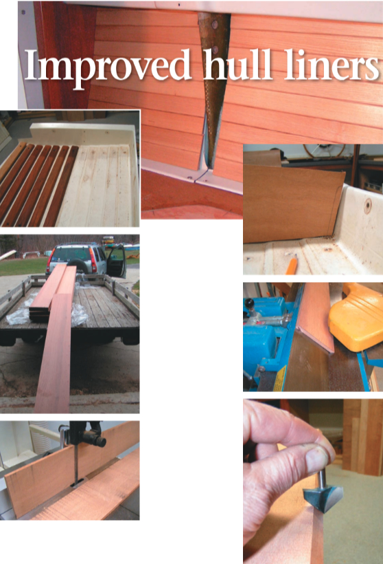 The new hull liners (“ceiling” to the saltiest of our readers) and a partially disassembled panel of the previous liner are shown in the top and inset photos on the facing page. To make the darker end caps, such as the one shown at the far left of the first photo, Dale used moabi or African pearwood. This was purchased in large planks, shown on his trailer and being re-sawn in his band saw to 5⁄16-inch boards, in bottom photo on facing page. Making the end caps (which covered the molded-in fiberglass ridge at each side edge by the bulkheads) required precise fitting at the top of each end cap, top photo on this page. Dale edge-joined the fronts and sides of these end caps on a jointer making a 45-degree miter joint, center photo. The same operation could have been done with a 45-degree router, as shown in the bottom photo.