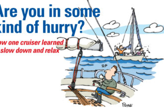 Illustration of people panicking on a boat in the distance
