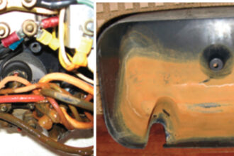 Could a troublesome ignition key indicate that the wires behind the cosmetic cover are doing the backstroke? Since Henry‘s engine started, the slimy wires, on facing page, and the inside view of the cover, above, came as a big surprise.