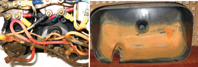 Could a troublesome ignition key indicate that the wires behind the cosmetic cover are doing the backstroke? Since Henry‘s engine started, the slimy wires, on facing page, and the inside view of the cover, above, came as a big surprise.