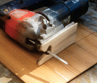 A shoe, made from a scrap of wood and glued with contact adhesive to the saw’s foot, will prevent surface damage and scratching. This is particularly useful when cutting lumber that is already painted or varnished.