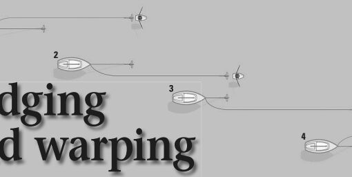1. The sailboat is anchored using its main anchor. Someone rows the tender ahead and drops the kedge anchor. 2. The sailboat is pulled ahead to the kedge anchor and the main anchor is hauled aboard. A second kedge anchor is rowed out with the tender and dropped ahead of the first one. 3. The sailboat is pulled ahead once more to the second kedge anchor and the first kedge anchor is retrieved. That first kedge anchor is then rowed out once more to serve in the same capacity. 4. Puff, puff, puff! The process is repeated as the sailboat is hauled up a stream, off a shoal, across a marina, or out of harm’s way in any number of situations.
