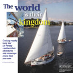 Larry and Lin Pardey aboard their beloved Taleisin, at left facing page. A rare shot of Taleisin (foreground) and Seraffyn (astern) sailing together in 1999; Seraffyn is now owned by Wayne and Norma Tillett.