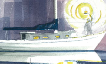 Painting of a person holding a lantern on a boat