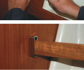 Gregg installs the bracket for the boat cover, above; the installed bow, center; and the finished shelf restraint, bottom.