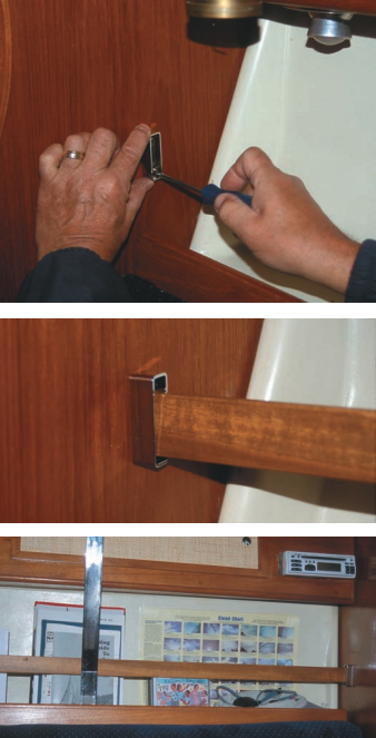 Gregg installs the bracket for the boat cover, above; the installed bow, center; and the finished shelf restraint, bottom.