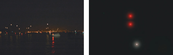 Boats juxtaposed against city lights illustrate the confusion that can occur at night, at left. How close are they? Which way are they going? How big are they? A good example of the logic of the light rules, at right. If a boat is aground, the correct lights to show are a combination of an anchor light (all-round white) with the lights indicating the vessel is “not under command,” two red lights in a vertical line.
