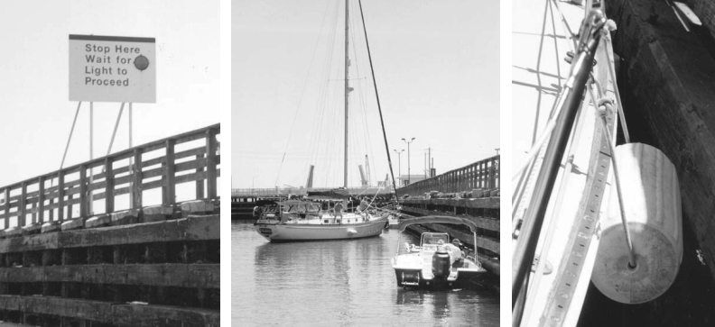 Be observant of signs and signals as you approach the lock, above at left. Instruct your crew to judiciously use lines to maneuver into the mooring point, center. Don’t be afraid to use fenders generously when locking, at right.
