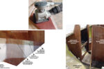 Stephen discovered yet another application for one of 3M’s most common products: the Scotch-Brite pad. With the ubiquitous “green scrubbie” attached to a Porter-Cable sander, he was able to achieve infinite color control in his staining project. A test strip, below on facing page, and the cabin bulkhead while still under construction, above.