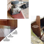 Stephen discovered yet another application for one of 3M’s most common products: the Scotch-Brite pad. With the ubiquitous “green scrubbie” attached to a Porter-Cable sander, he was able to achieve infinite color control in his staining project. A test strip, below on facing page, and the cabin bulkhead while still under construction, above.