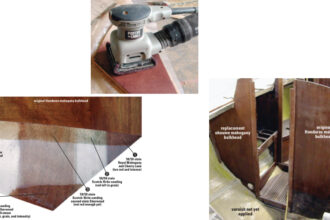 Stephen discovered yet another application for one of 3M’s most common products: the Scotch-Brite pad. With the ubiquitous “green scrubbie” attached to a Porter-Cable sander, he was able to achieve infinite color control in his staining project. A test strip, below on facing page, and the cabin bulkhead while still under construction, above.