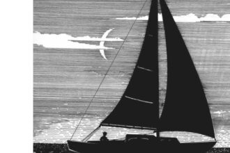 Illustration of a boat sailing at night