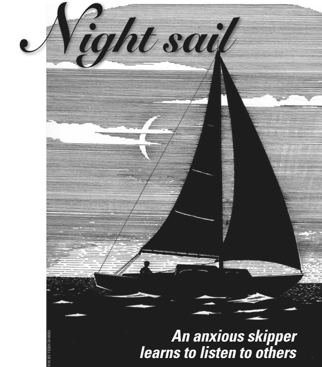 Illustration of a boat sailing at night