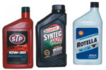 From top: a typical multi-weight oil for gasoline service, synthetic motor oil for gasoline and diesel applications, and straight weight oil for diesel service.