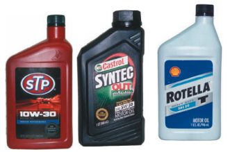 From top: a typical multi-weight oil for gasoline service, synthetic motor oil for gasoline and diesel applications, and straight weight oil for diesel service.