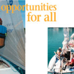 Facing page: The Courage Center uses the Hoyer lift to transfer disabled sailors. This page: The Judd Goldman Adaptive Sailing Program uses movable benches to transfer sailors from wheelchairs to boats.